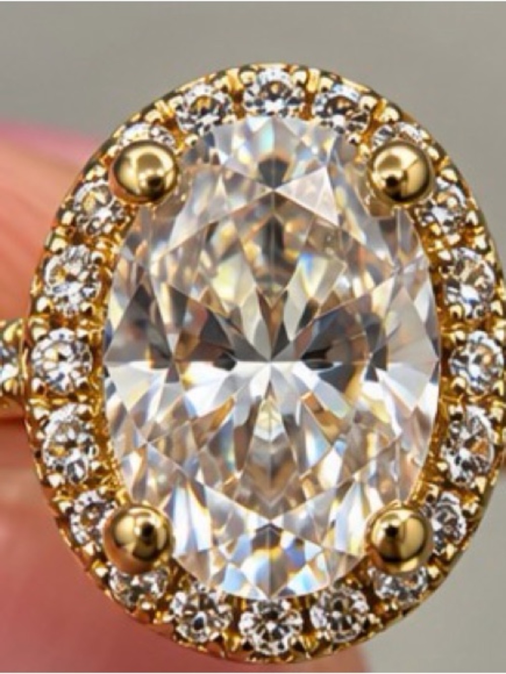 14k Gold Oval Halo Ring - Moissanite Stone